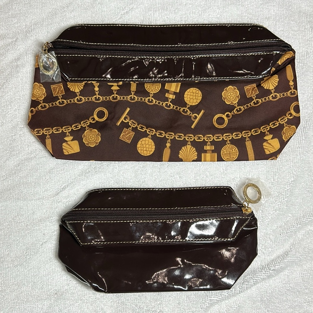 Vintage Estée Lauder Makeup Cosmetic Bags (2) Brown Gold Zip Top Vintage